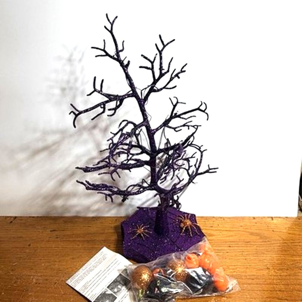 Avon 2012 Sparkling Purple Halloween Tree Lighted Glitter Cats Pumpkins 19" NEW